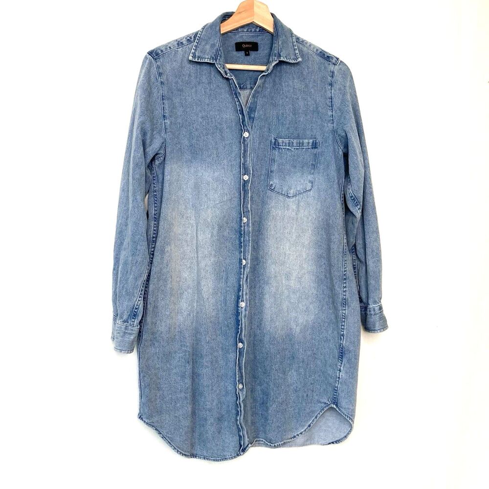 Quince Light Wash Denim Shirt Dress S Blue Cotton Button Down Beach Chambray